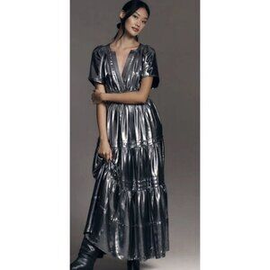 Anthropologie The Somerset Maxi Dress Metallic Shine Carbon Silver XS